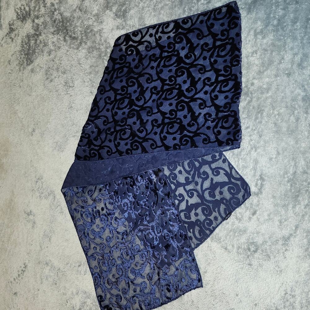 Blue Flocked Pattern Long Scarf • Velvety Texture • EUC